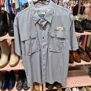 Magellan Outdoors Fish Gear Mens Large Blue Gingham Short Sleeve Fishing Shirt